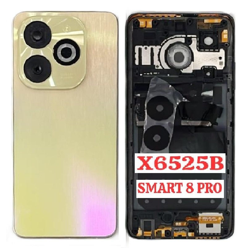 Compatible Replacement Infinix Smart 8 Pro 4G Full Body Housing Replacement Back Frame Middle Chassis with Side Keys – Black, White, Gold & Blue Color: GOLD